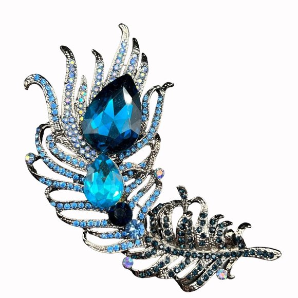 Feather Peacock Large Brooch Pin Lake Blue Crystal Silver Metal Colored Base - Picture 2 of 6